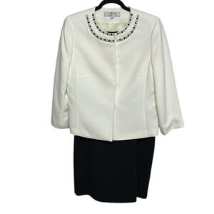 Tahari 2 Piece Suit Winter White pearl embellished blazer , Black skirt